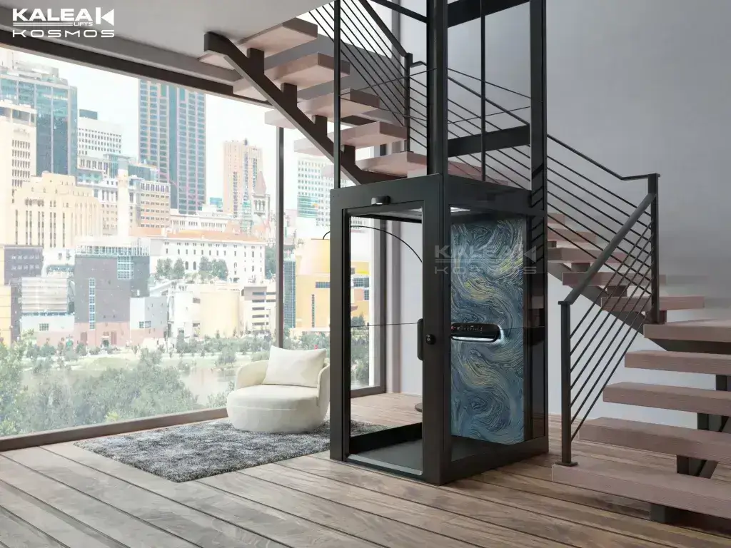 Why are screw-type elevators popular in homes? 24 blue and black home lift next to stairs